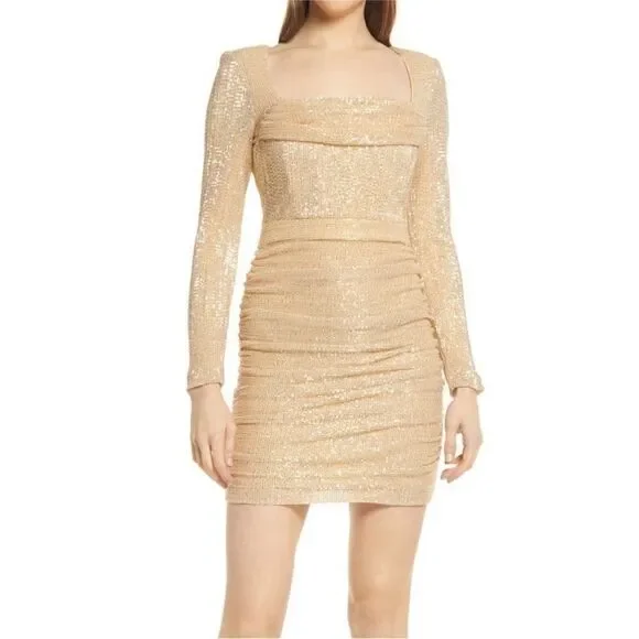 Lavish Alice NWT Gold Ruched Sequin Long Sleeve Mini Dress Size 4 - Picture 1 of 8